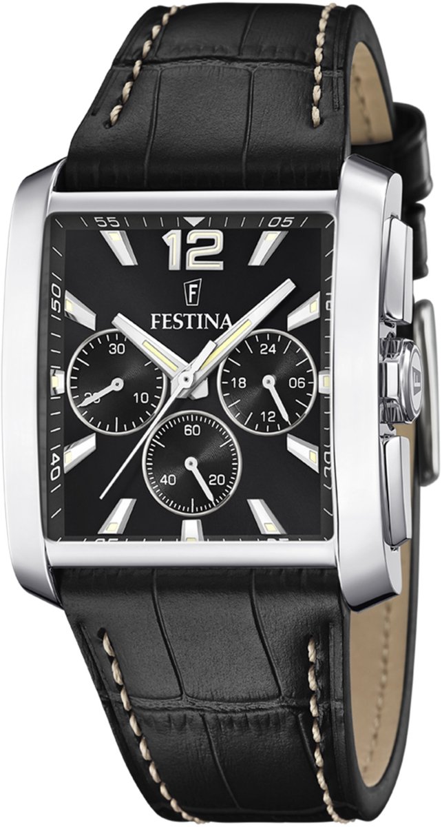 Festina F20636-4 Heren Horloge - Chronograaf - Mineraalglas - Roestvrijstaal-Leer - Zilverkleurig - Ø 38 mm - Quartz - Gesp - 5 ATM (douchen)