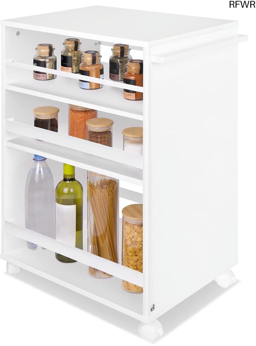 RFWR® Keukentrolley met 4 Wielen en 3 Verstelbare Planken - Hoogwaardige Houten Serveertrolley voor Keuken en Badkamer