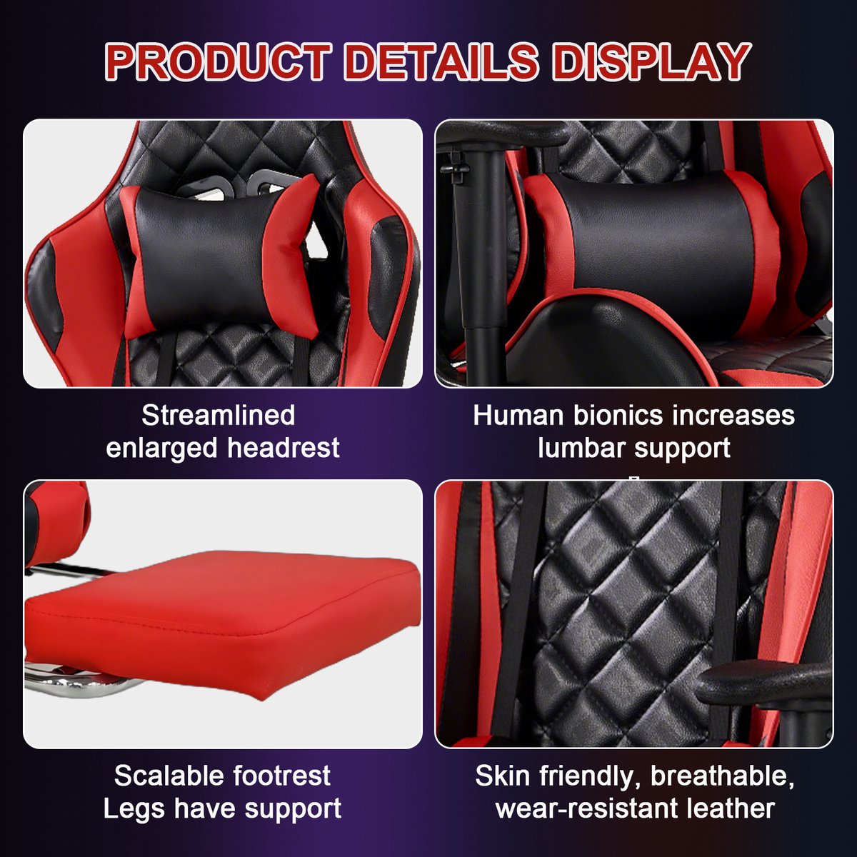 Afbeelding 3 van OFMOTRA Game stoel -Ergonomische - Gaming stoel- Bureaustoel - Incl. kantelfunctie tot 180°, 3D-verstelbare armleuningen, lendensteun & hoofdsteun - Met Voetsteun - hoogte en helling verstelbaar - Draaistoel -Rood