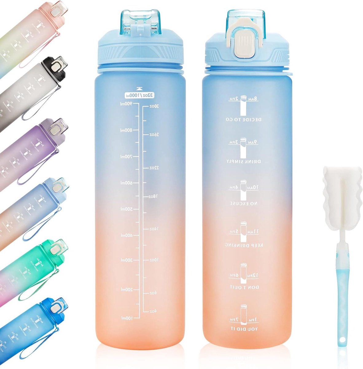 JGS Premium - Waterfles met Tijdindicator: 1L Waterfles met Rietje - Lekvrije en BPA-vrije Sportfles - Draagriem - Fitness Gym en Buitensporten