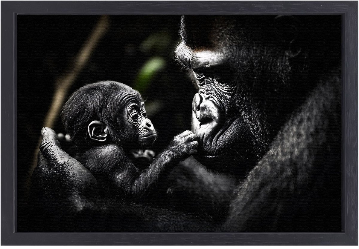 Moeder en baby gorilla - Gorilla schilderijen canvas - Schilderij op canvas dier - Zwart wit - Ingelijste wanddecoratie - Modern schilderij - canvas met baklijst 90x60 cm