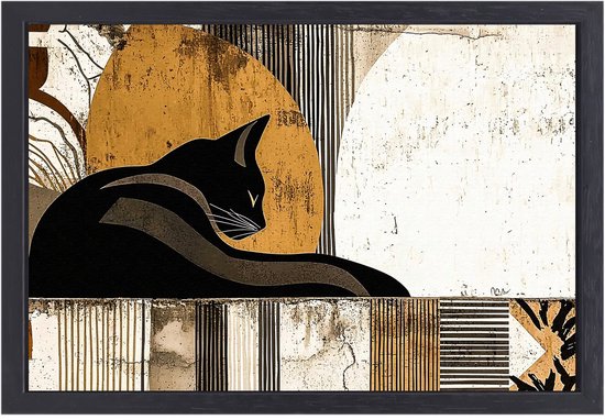 Slapende kat in decoratieve stijl - Kat canvaskunst - Muurkunst dieren - Art Deco - Moderne canvas met lijst - Wandontwerp - canvas met baklijst 100x75 cm