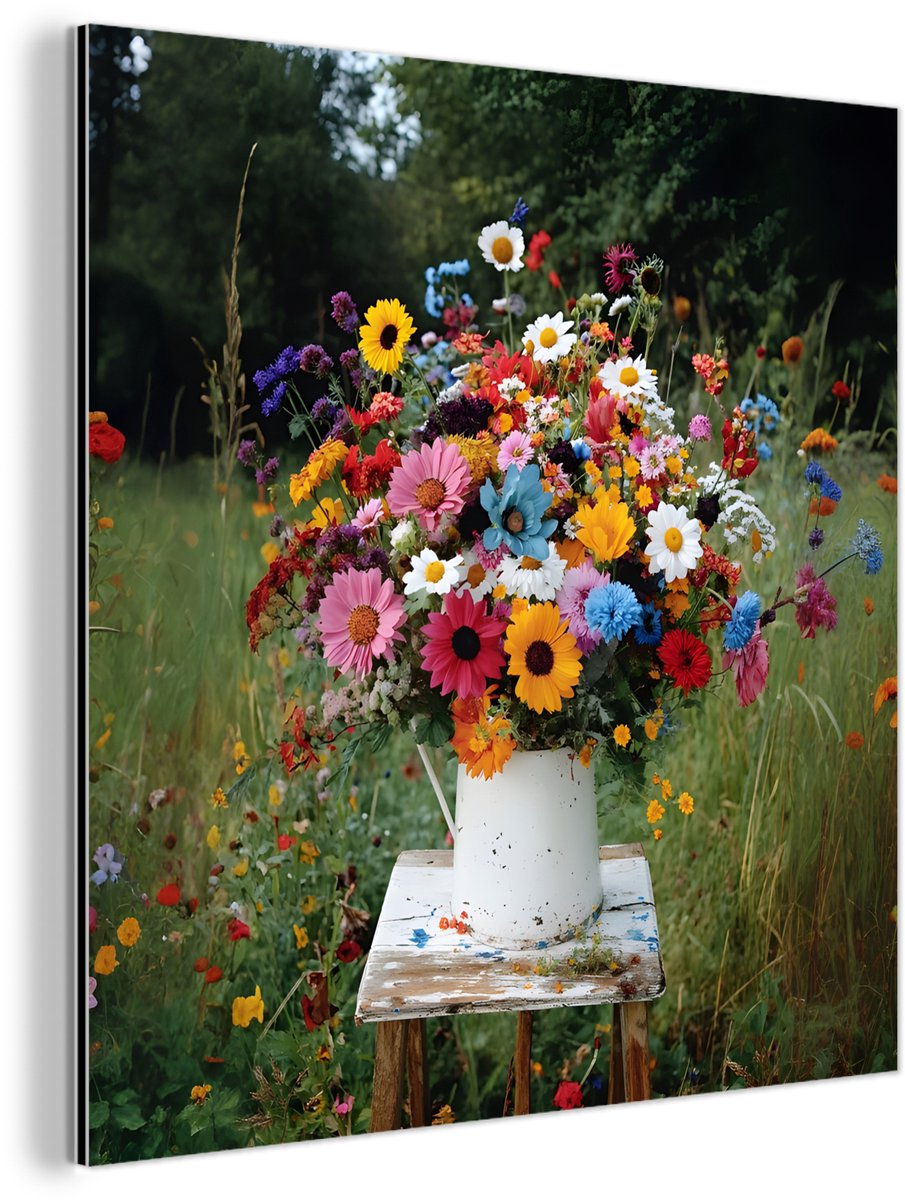 Aluminium schilderij 90x90 cm - Wanddecoratie metaal - Bloemen - Krukje - Gieter - Veld - 