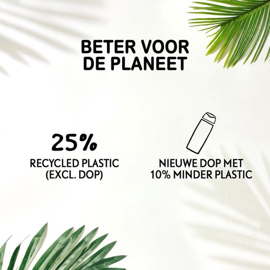 Tekst 'Beter voor de planeet' met iconen voor 25% gerecycled plastic en nieuwe dop met 10% minder plastic.