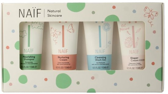 Naïf Natural Skincare mini set met vier tubes: nourishing shampoo, nurturing cream, cleansing wash gel, diaper cream.