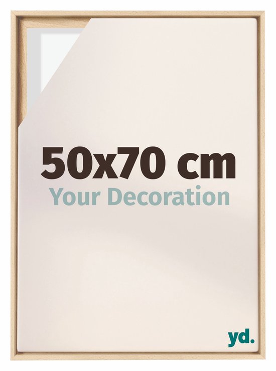 Lichte houten baklijst met een canvas van 50x70 cm, 'Your Decoration'.