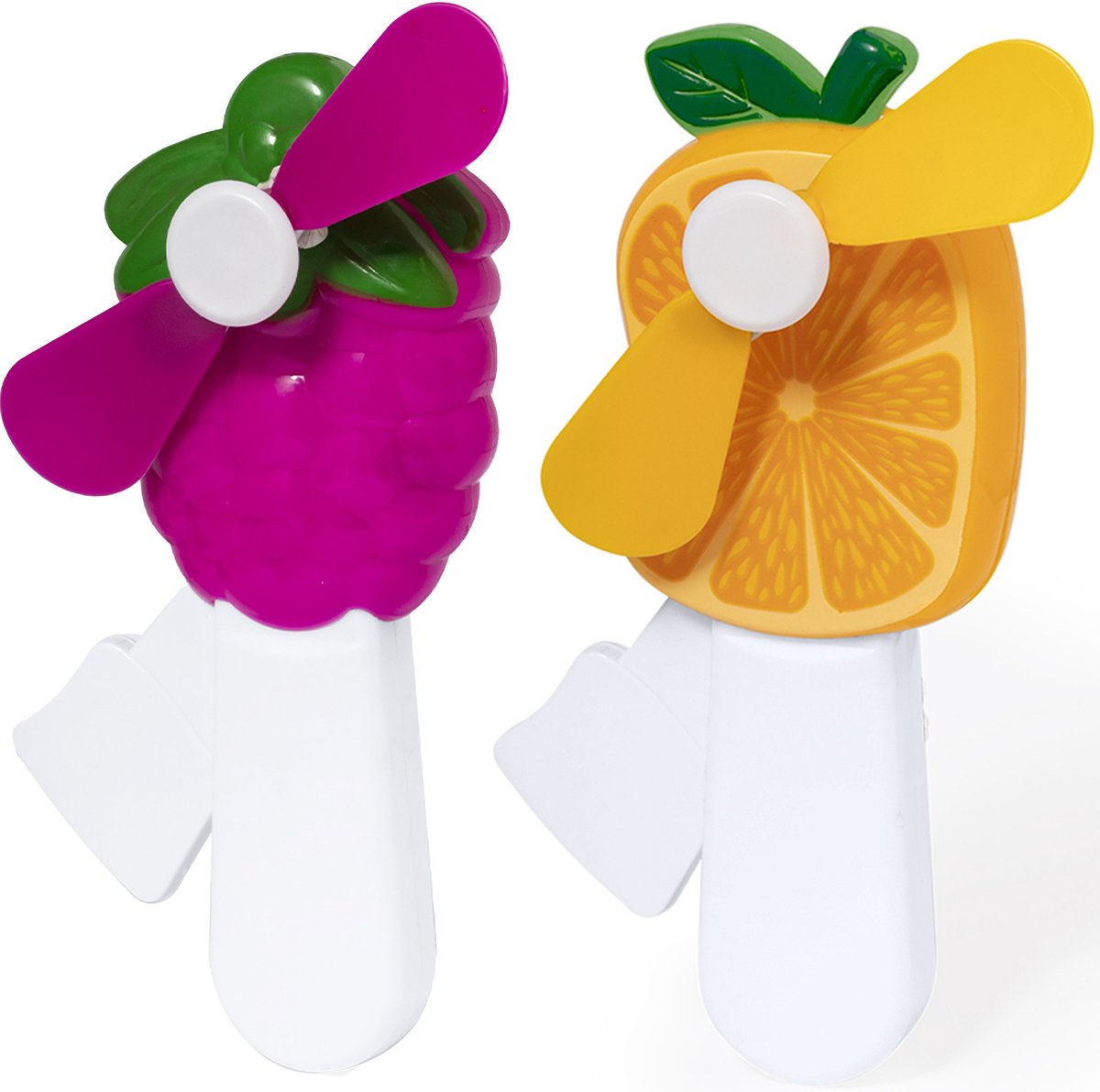 Mini ventilator/handventilator - 2x stuks - druif/sinaasappel - verkoeling - festival/zomer