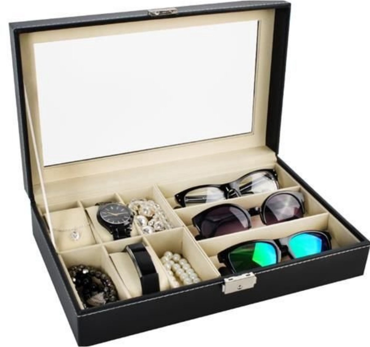 Malatec Horloge-bril organizer Lyon - zwart - 9 vakjes - horlogebox - zonnebrillen - opbergbox