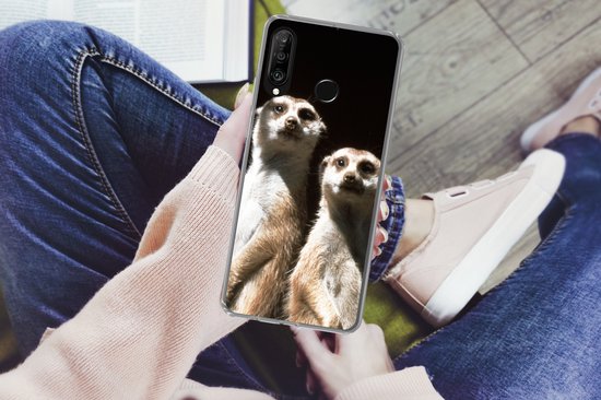 Telefoonhoesje Geschikt voor Huawei P30 Lite hoesje - Zwart - Stokstaartjes - Dieren - Siliconen Telefoonhoesje Telefoonhoesje