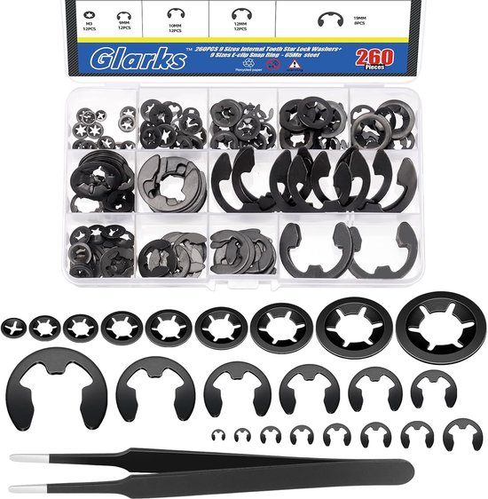 Foto: 261pcs 65 mn staal interne tand sterren vergrendelringen e clip retinering ringen kit met 100pcs 9 maten duwvergrendelringen 160pcs 14 maten e ring circlip ringen