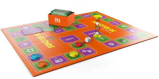 Bordspel 30 Seconds met spelbord, kaarten, dobbelstenen, pionnen en zandloper.