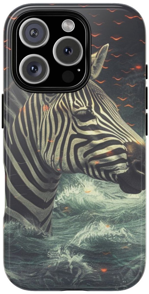 Zebra in Water met Gloeiende Vonken – Telefoonhoesje Geschikt voor iPhone 16 Pro