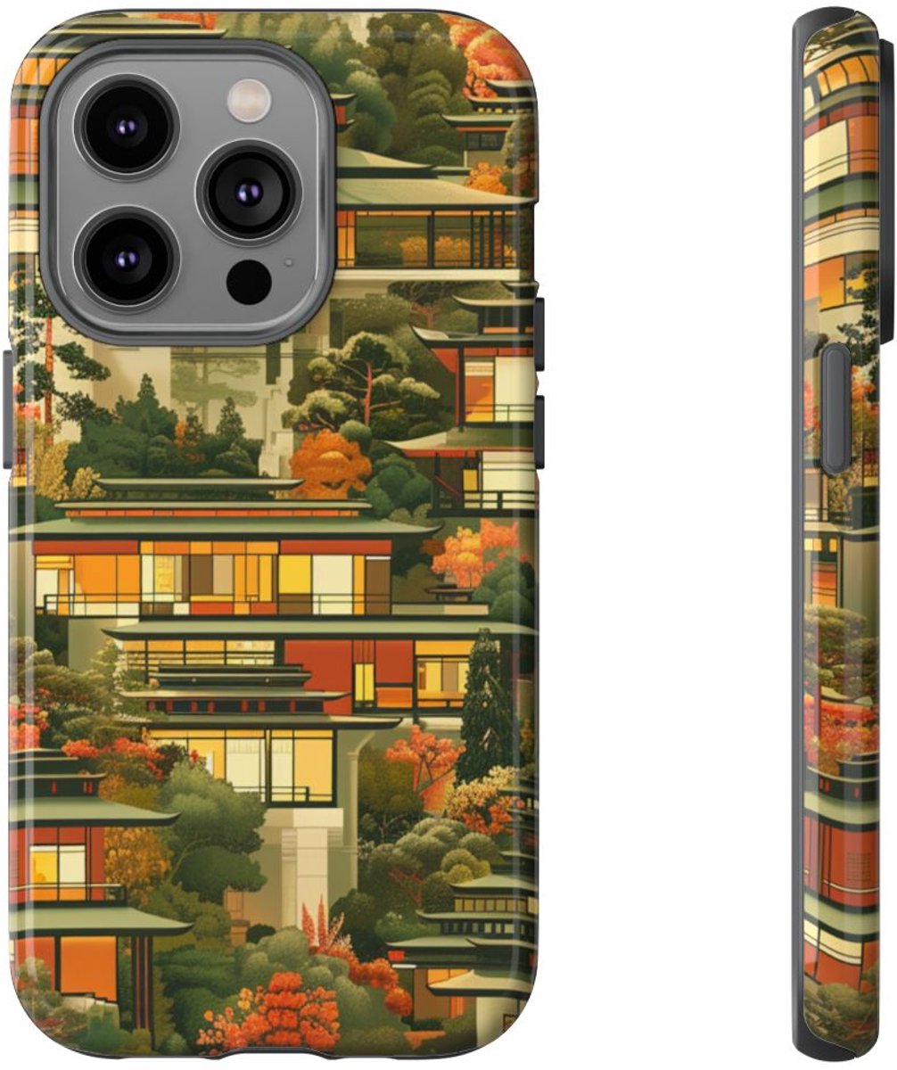 Herfstlandschap met Moderne Architectuur – Telefoonhoesje Geschikt voor iPhone 14 Pro