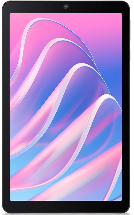 Zwarte tablet met een scherm met abstracte golvende patronen in roze, paars en blauw.
