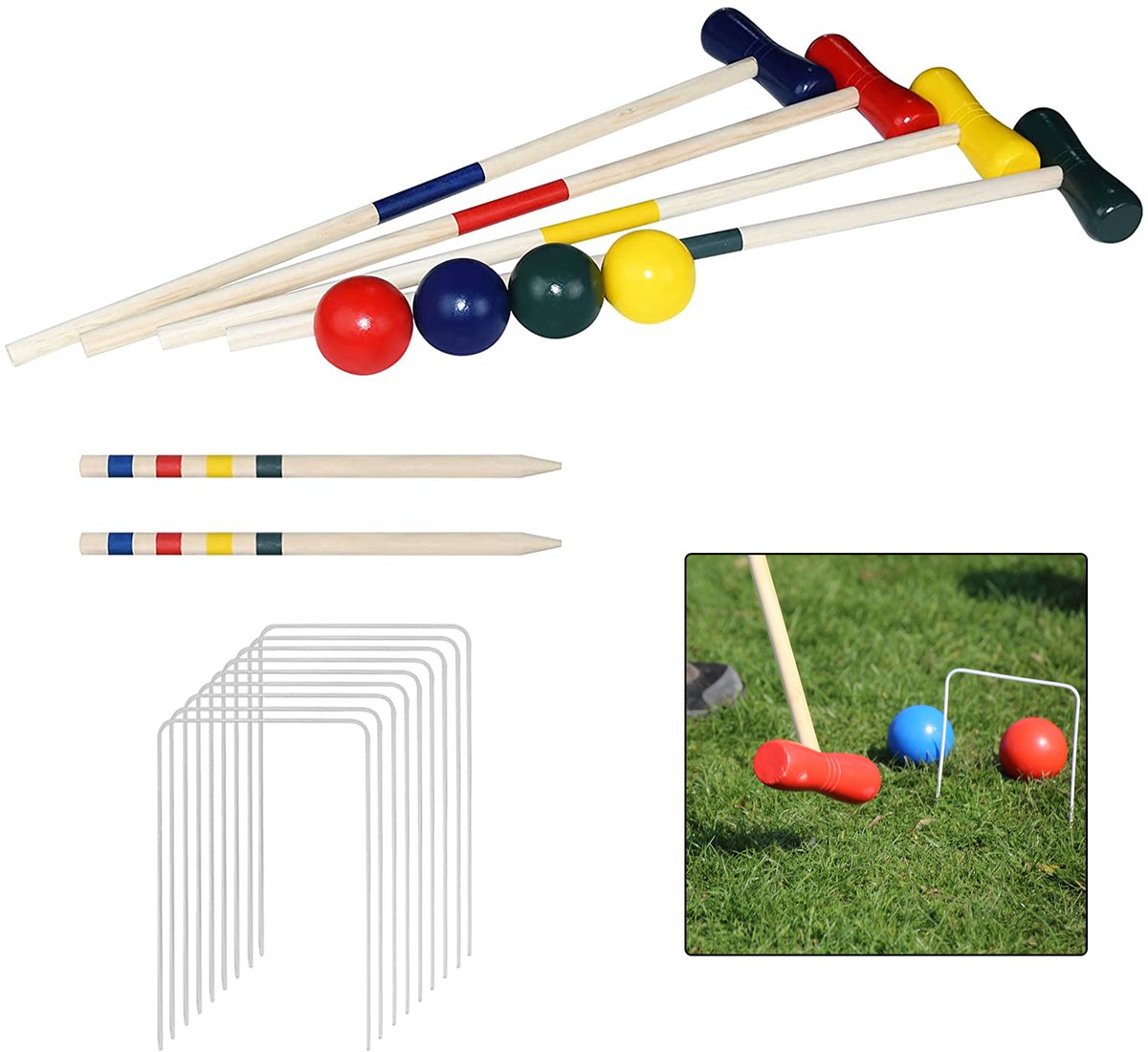 Croquetspel, Croquetset voor buiten, Croquet, Behendigheidsspel, Traditioneel houten speelgoed voor 4 spelers, kinderen en volwassenen, inclusief pinnen, hamers, ballen en doelen.