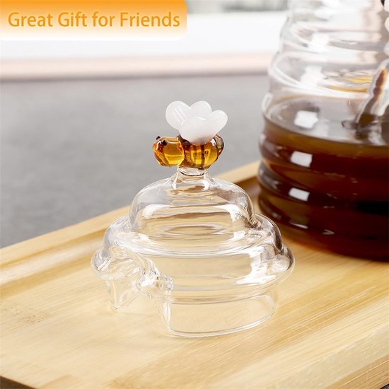 Honingpot - Fine Foods Honingpot | Honing Opbergpotten met Houten Deksel en Dipper | 500 ml Glazen Honingpot Container Honing Dipper Deksels, Glazen Honing Pot voor het bewaren van honing en siroop