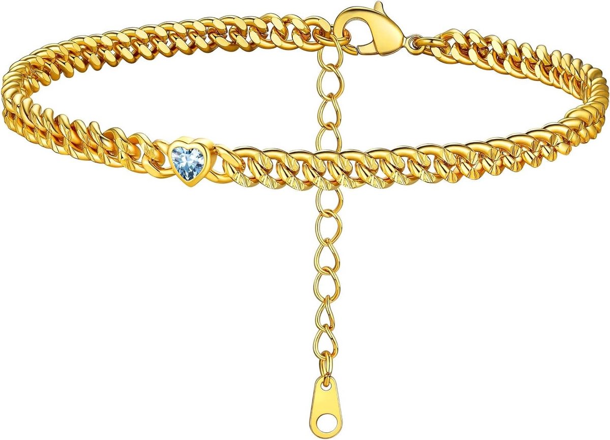 Ronde hart enkelarmband met geboortesteen - 12 maanden kristallen enkelbandje - verjaardagssieraden voor vrouwen - moeder dochter cadeau - 8.5'' + .