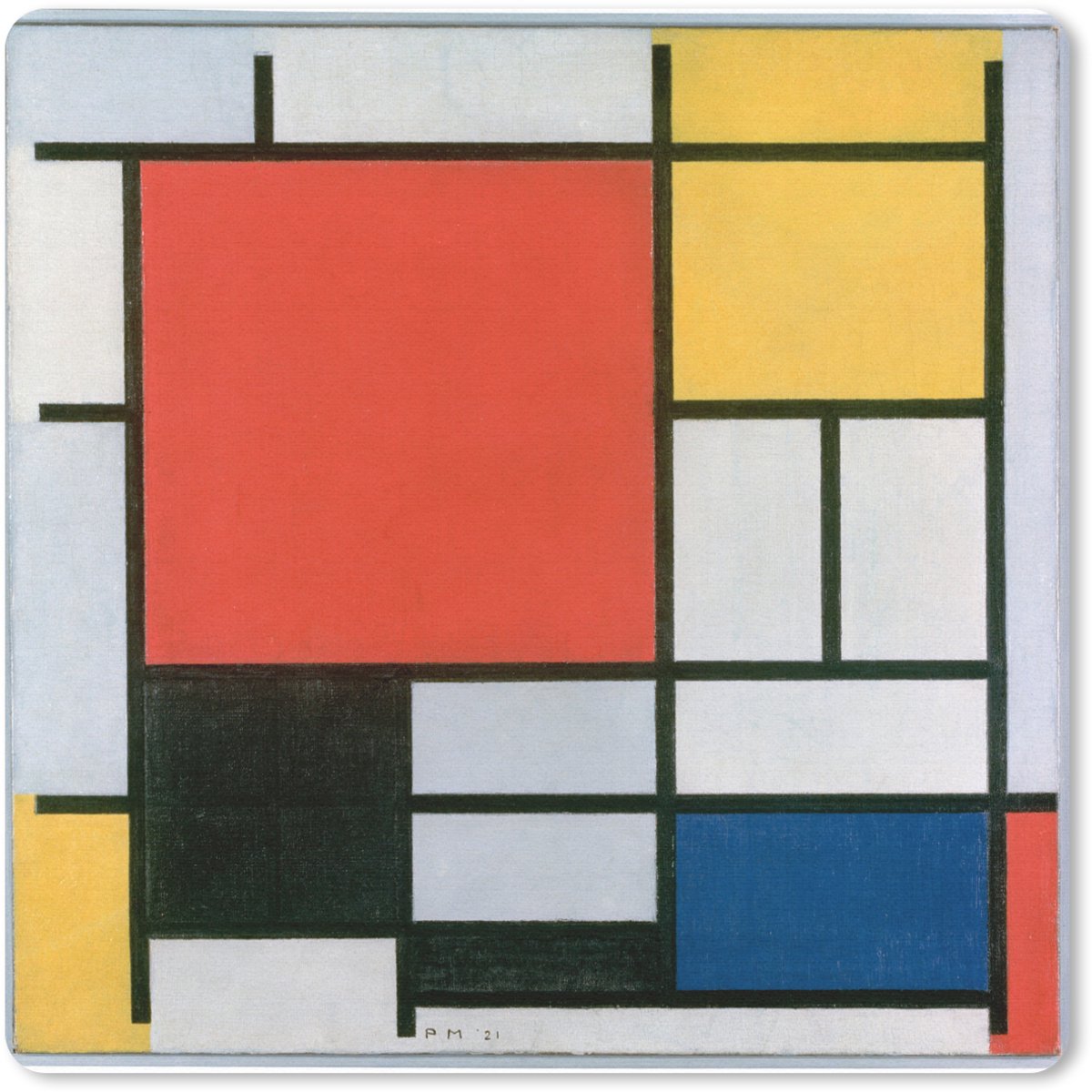 Muismat 20x20 cm - Mousepad Compositie 2 in Rood Blauw en Geel - Piet Mondriaan - Muismatten