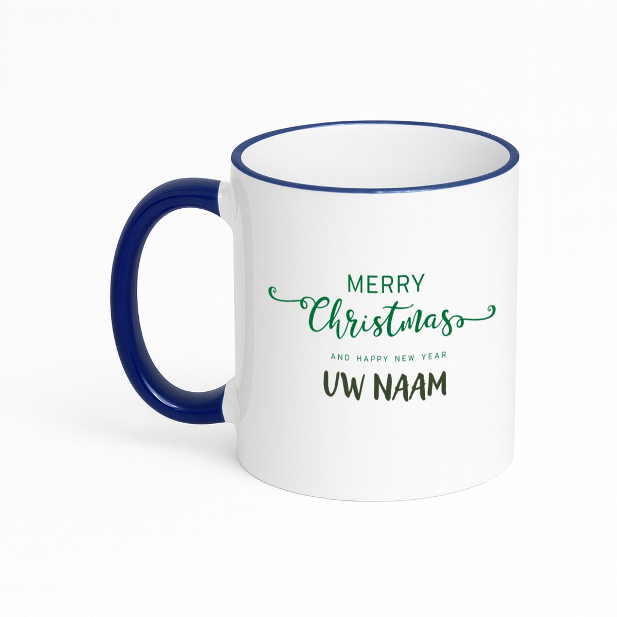 Hacebo® - Kerst merry christmas and happy new year met eigen naam koffiebeker met gekleurde rand donker blauw - Kerstmis - Kerst beker - thee mok - koffie beker - winter - kerst - christmas - kerst cadeau - koffiemok - 330 ML