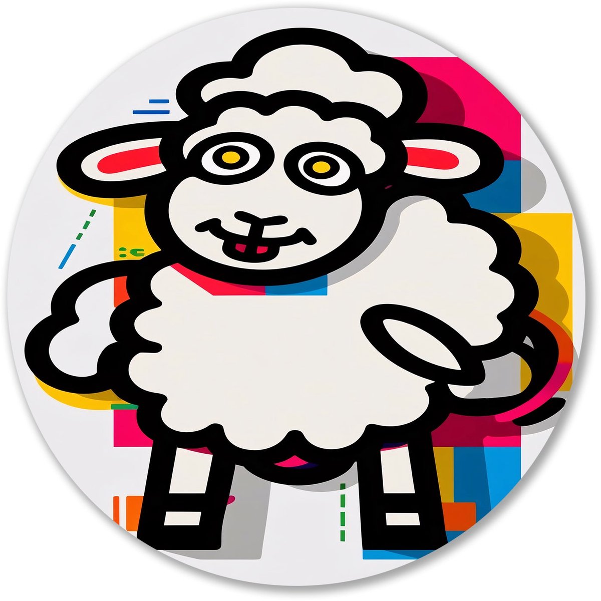 Cartoon schaap in Pop Art-stijl - Schaap wandcirkel - Wandschaal dier - Pop Art - Forex decoratie rond - Hedendaagse kunst - muurcirkel forex 90x90 cm