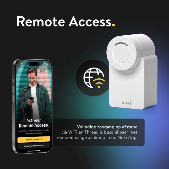 Screenshot van de Nuki-app met de optie "Remote Access" en een witte Nuki-deurslot.