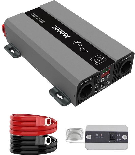 MKSS® Omvormer 12v 230v Zuivere Sinus - Spanningsomvormer - 200W - Grijs en Zwart