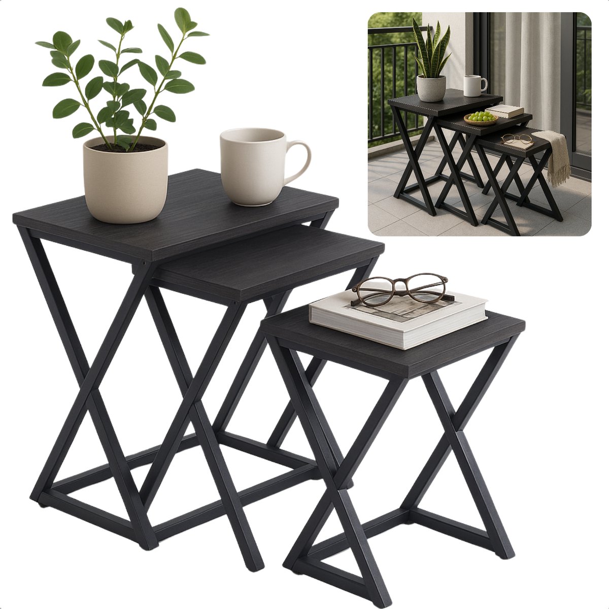 Cheqo Moderne Bijzettafels Set - Salontafel Set - Tafelset - Bijzet Tafel Set - Bijzettafel Zwart Metaal & MDF - X Design - 3 Stuks NTB