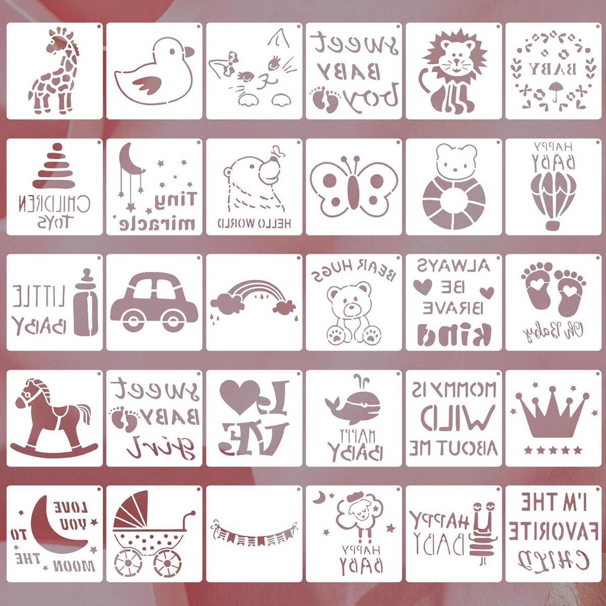 30 Herbruikbare schilderstencils met babyborrelthema voor doe-het-zelf kunst - Baby Onesie & Dieren sjablonen - 15 x 13 cm