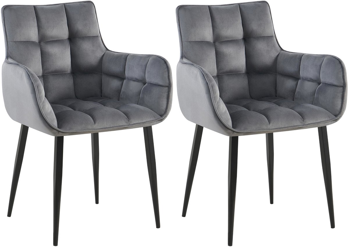 CLP Tirana Set van 2 eetkamerstoelen - met armleuning - met rugleuning - zwart metalen frame - fluweel - velvet - Fluweel/donkergrijs