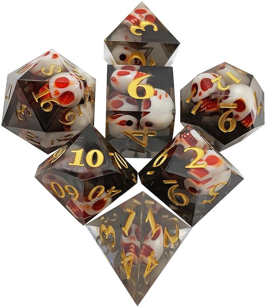 Ensemble de dés Joya Kids® Dungeons and Dragons | Set de Dés DnD Polydice | Ensemble de dés D&D | Ensemble de 7 pièces en résine | Coffre de rangement de Luxe inclus | Crâne Zwart avec rouge | Crâne
