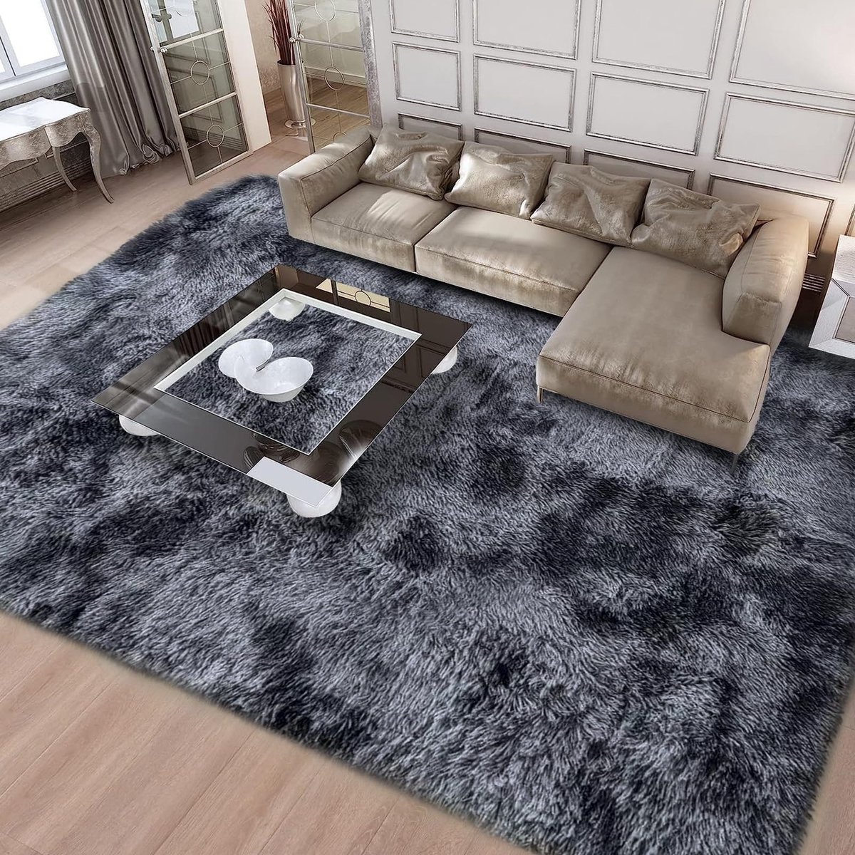 Ibenzoa® Vloerkleed voor Woonkamer en Slaapkamer - Pluizig, Wasbaar en Antislip Ontwerp (Grijs Zwart, 200 x 300 cm)