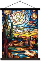 Posterhanger incl. Poster 90x120 cm - Schoolplaat - Hemel - Sterren - Mozaïek - Huizen - Textielposter - Zwarte latten