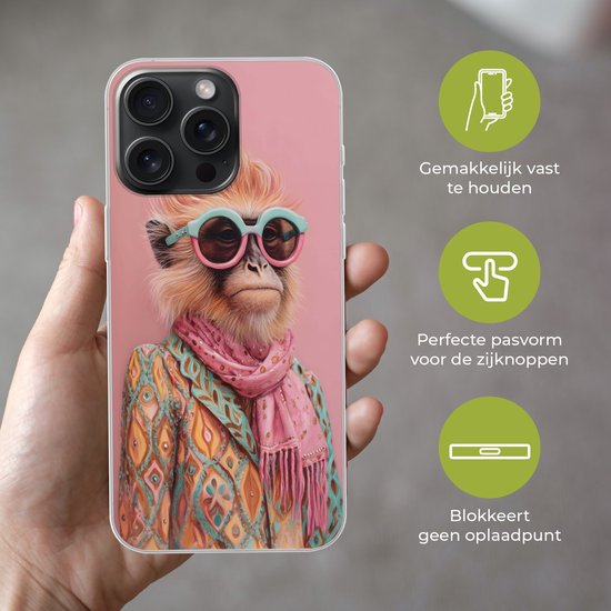 Telefoonhoesje Geschikt voor iPhone 15 Pro Max hoesje - Sjaal - Aap - Zonnebril - Jasje - Siliconen Telefoonhoesje Telefoonhoesje