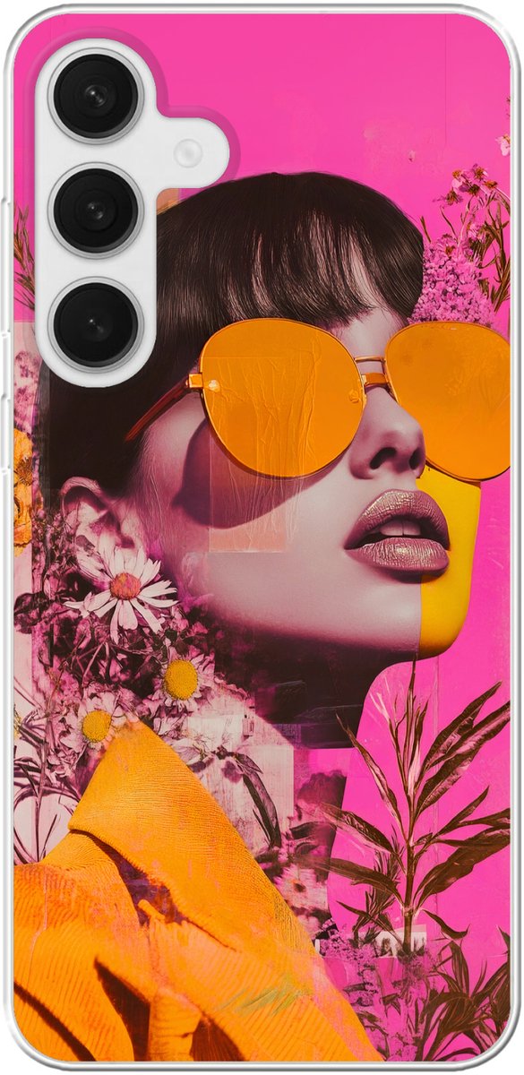 Telefoonhoesje Geschikt voor Samsung Galaxy S25 Plus hoesje - Zonnebril - Oranje - Vrouw - Planten - Siliconen Telefoonhoesje Telefoonhoesje