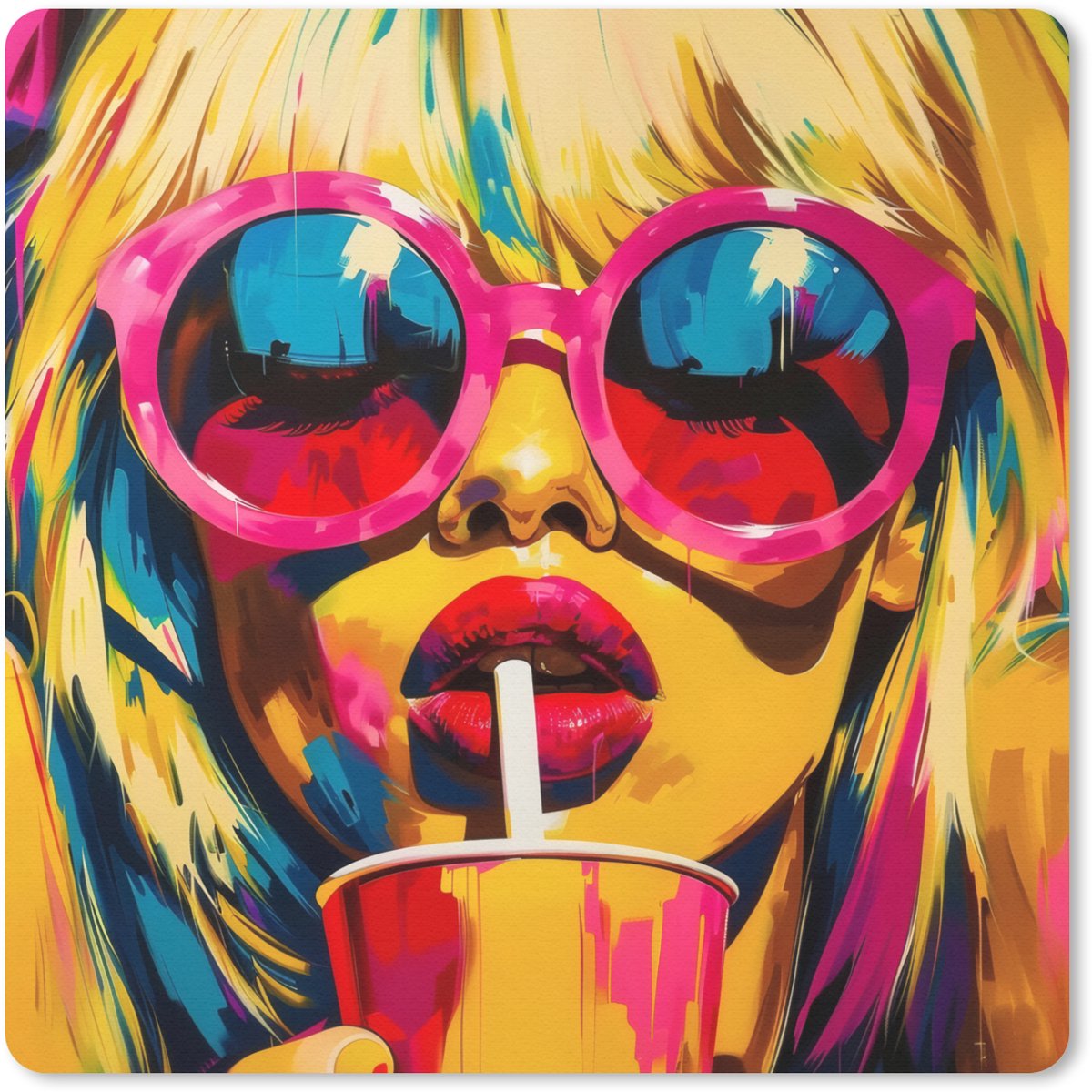 Muismat 20x20 cm - Mousepad Zonnebril - Roze - Vrouw - Rietje - Muismatten