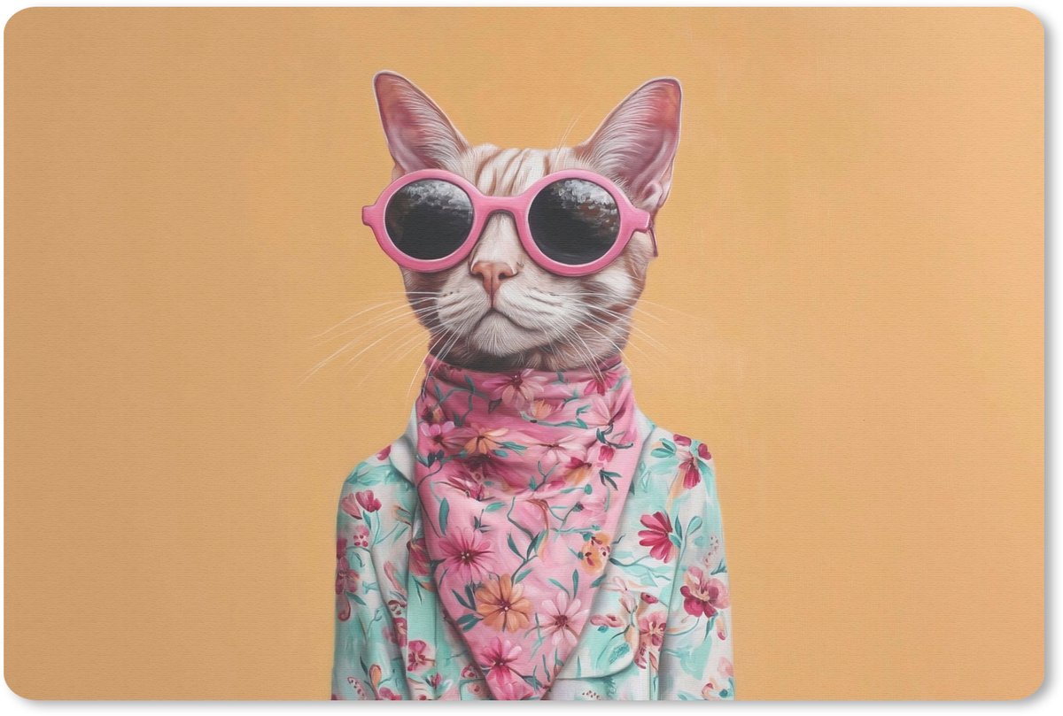 Muismat 27x18 cm - Mousepad Zonnebril - Kat - Sjaal - Bloemen - Muismatten