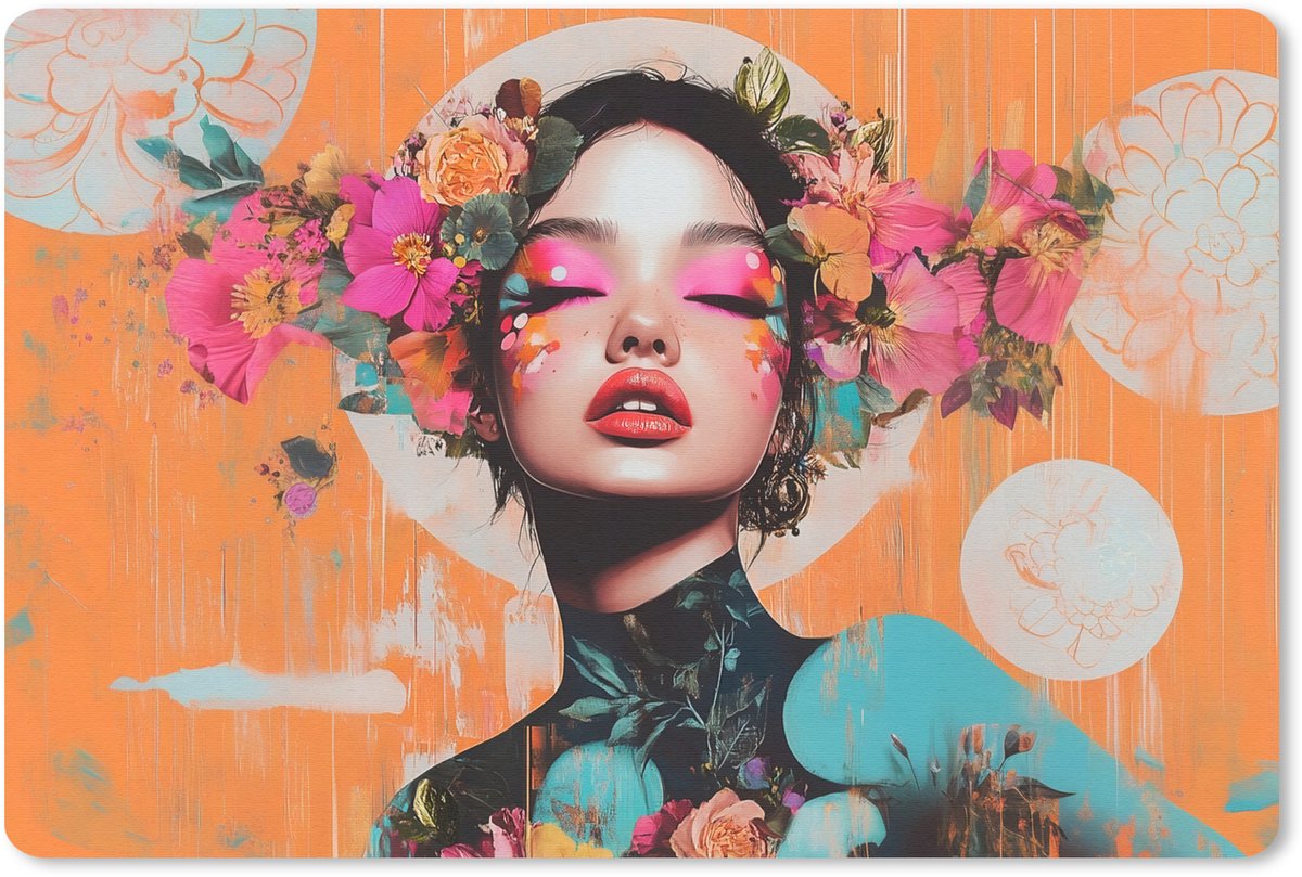 Muismat 27x18 cm - Mousepad Portret - Vrouw - Abstract - Bloemen - Muismatten