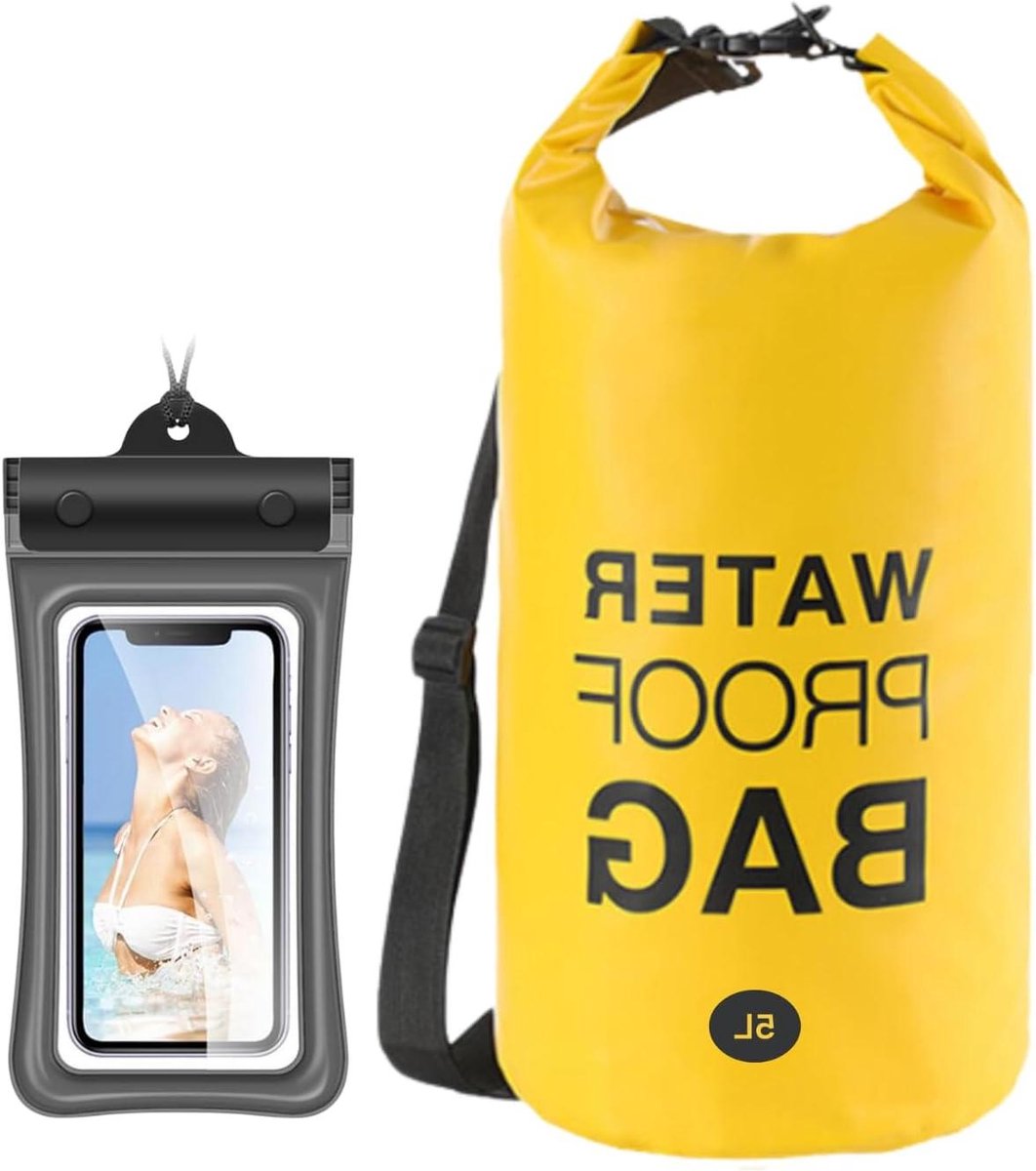 Dry Bag 5L - Lichtgewicht Drybag met Verstelbare Schouderriem voor Kajakken, Kano, Vissen, en Meer - Geel met Waterdichte Telefoon Pouch