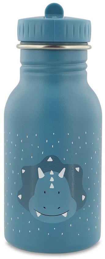 Blauwe drinkfles met een witte dinosaurusprint en een dinosaurusgezicht.