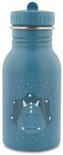 Blauwe drinkfles met een witte dinosaurusprint en een dinosaurusgezicht.