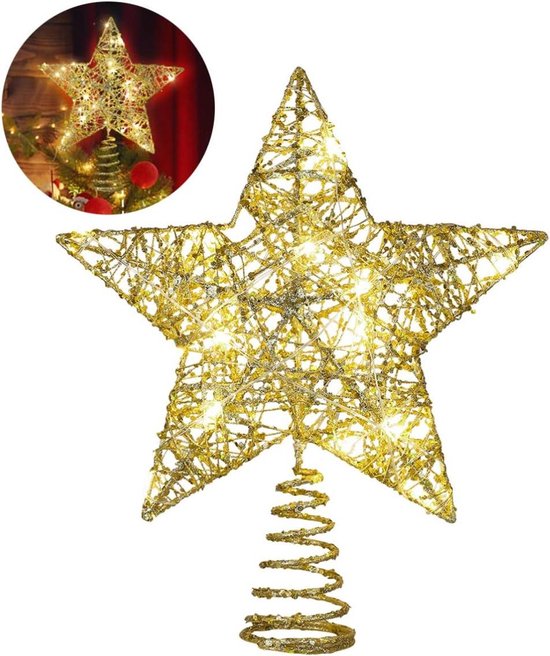 Allecto Plus - Kerstster boomkroon met verlichting en glitter - Gouden ster voor kerstfeest decoratie - 1 stuks