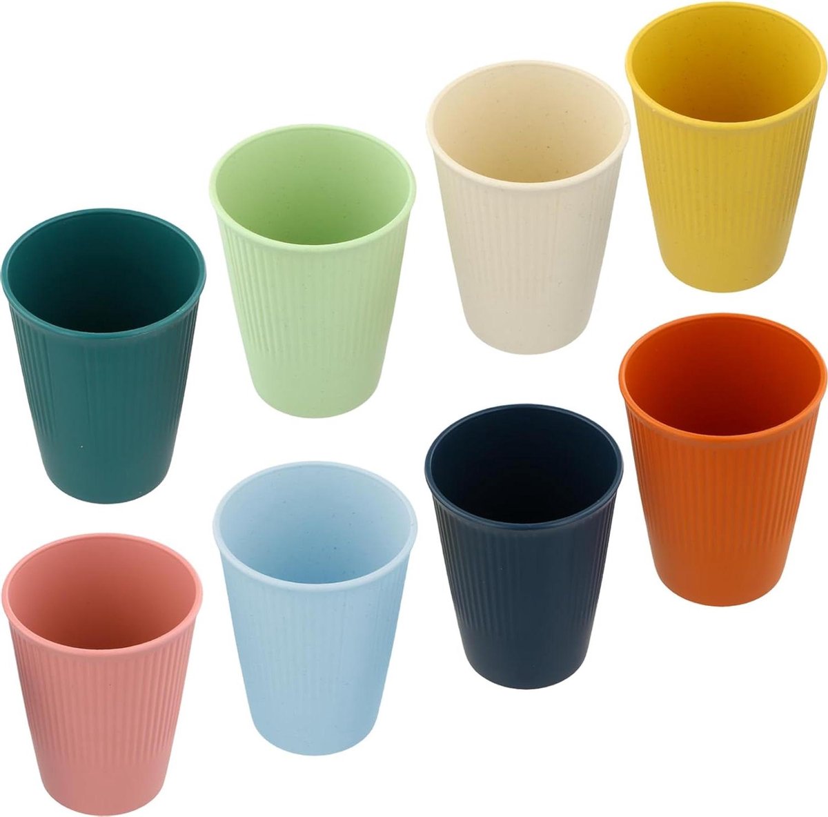 8 stuks harde plastic bekers 350 ml - Set van 8 kleuren, herbruikbaar - Stapelbaar & temperatuurbestendig - Ideaal voor snacken, koffie, thee en water - Geschikt voor keuken - Afmetingen: 83 x 108 cm - Bestand tegen temperaturen van -20 °C tot 120 °C