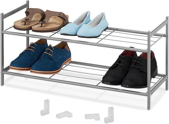 Shoe Rack Metal 2 Tier Stackable Expandable HDD 33.5 x 70 x 26 cm for 6 Pairs of Shoes Silver by Relaxdays