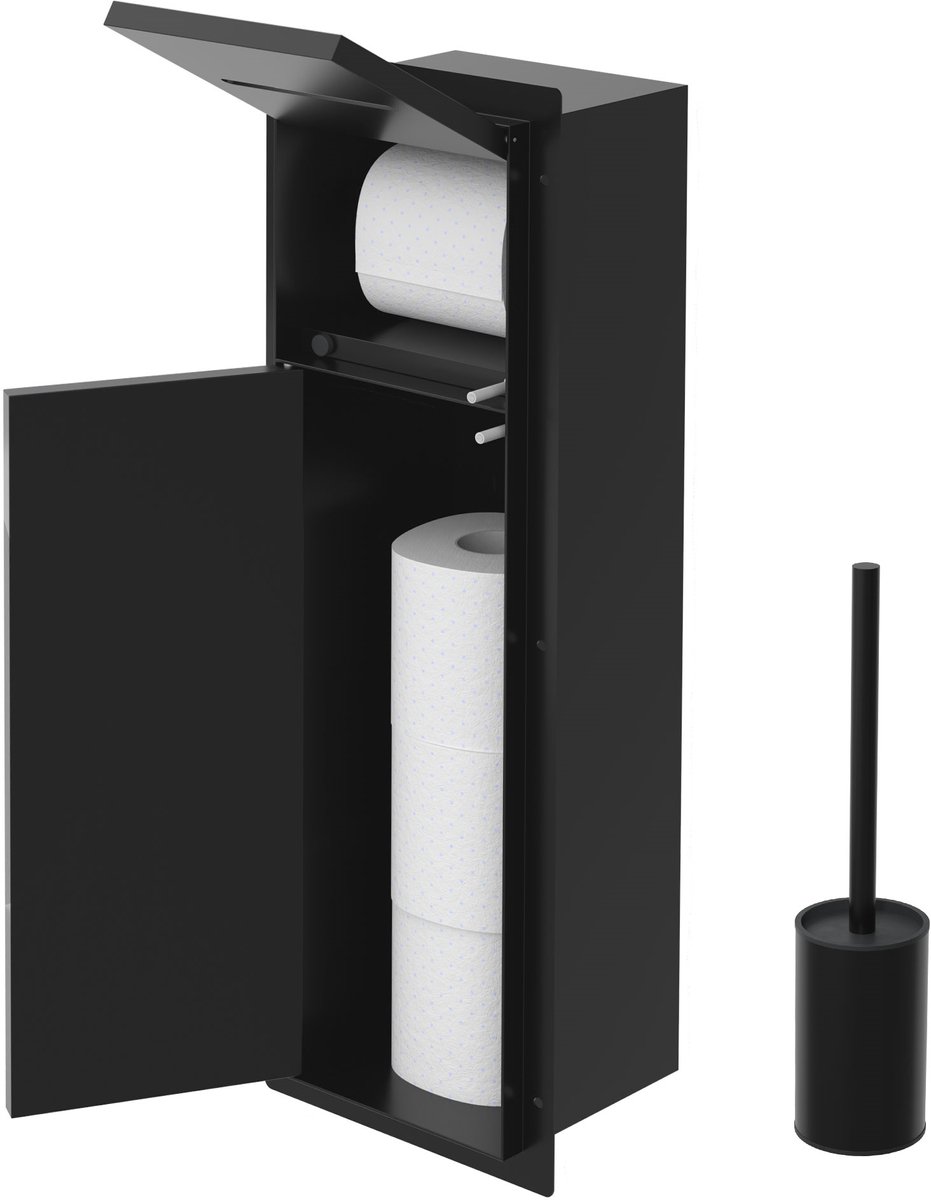 Verborgen kastmodule met toiletborstel, 60x20x10 cm, mat zwart, roestvrij staal, LuxeBath WC-wandnis