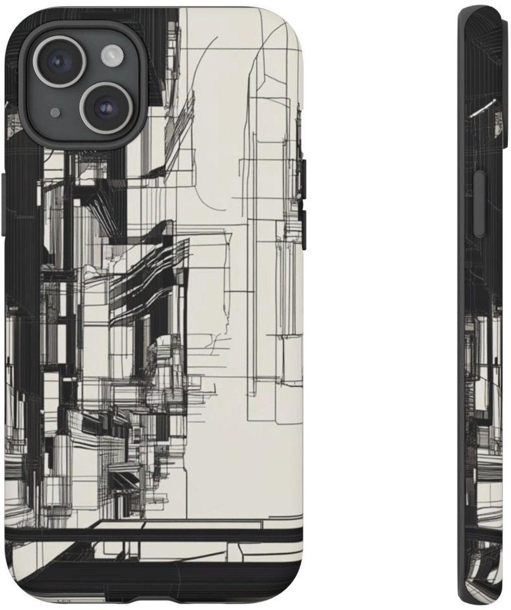 Abstracte Stedelijke Lijntekening – Telefoonhoesje Geschikt voor iPhone 15 Plus
