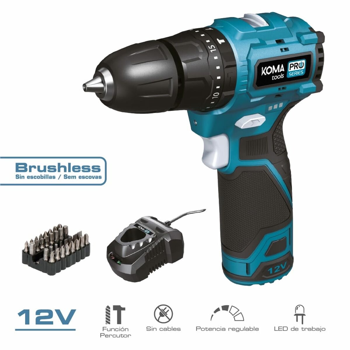 Set met boor en accessoires Koma Tools 12 V