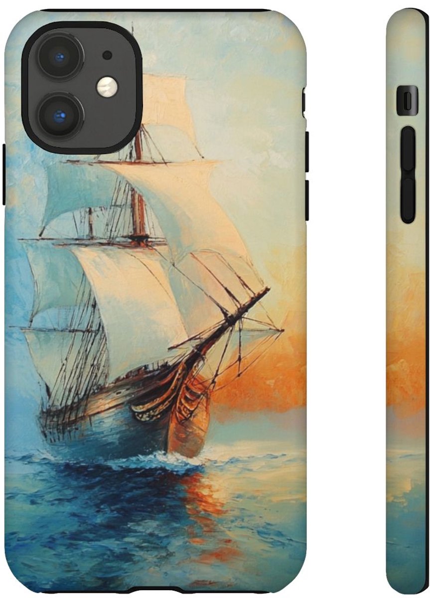 Zeilschip bij Zonsondergang in Olieverf – Telefoonhoesje Geschikt voor iPhone 11