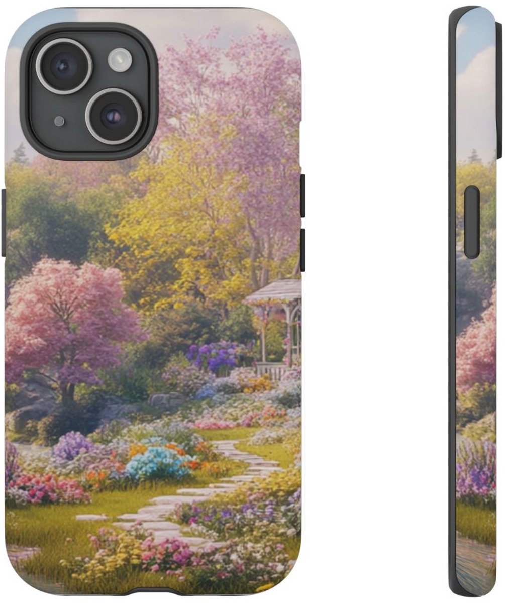 Bloemrijke Tuin met Waterval – Telefoonhoesje Geschikt voor iPhone 15