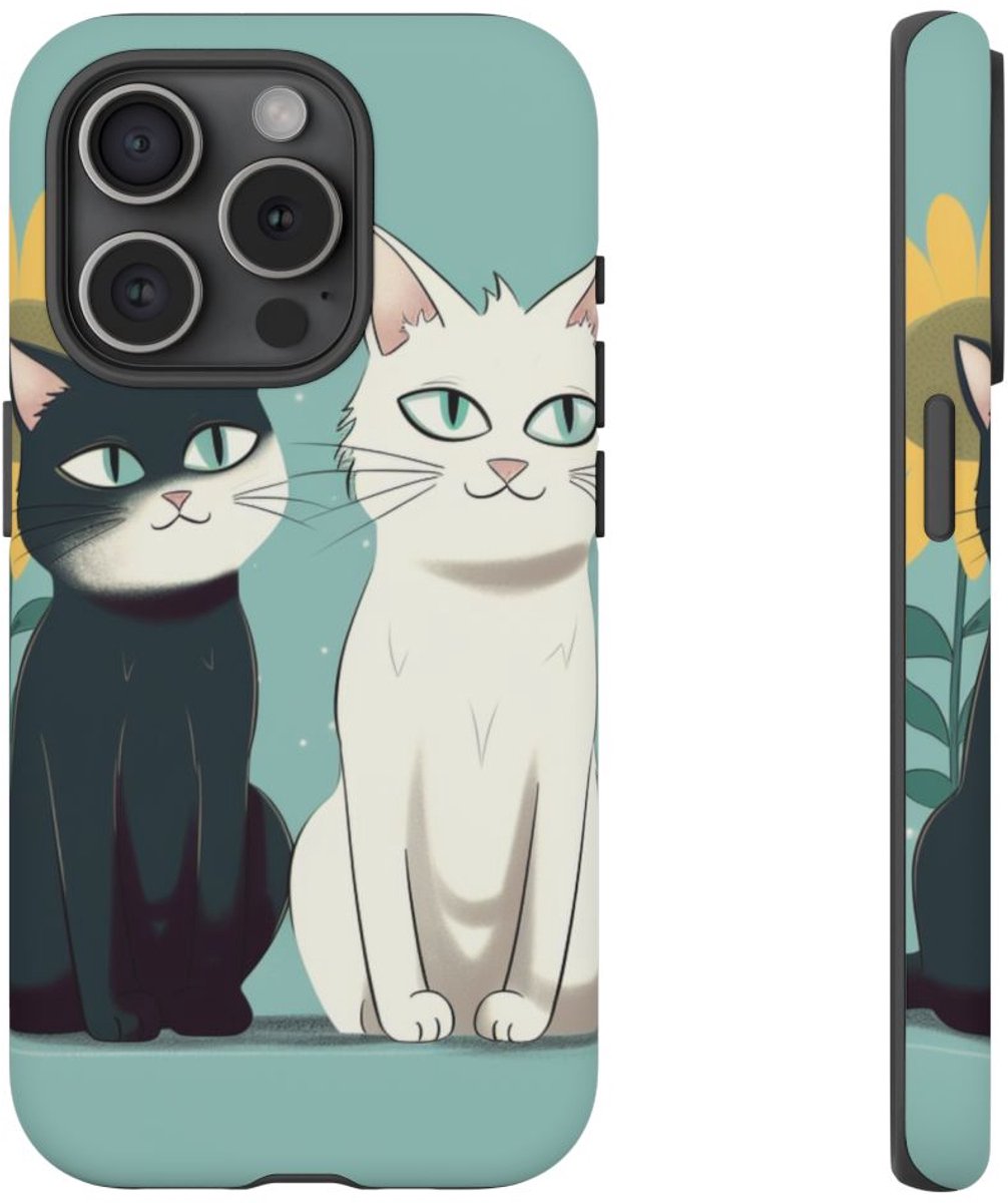 Twee Cartoonkatten met Zonnebloem – Telefoonhoesje Geschikt voor iPhone 15 Pro