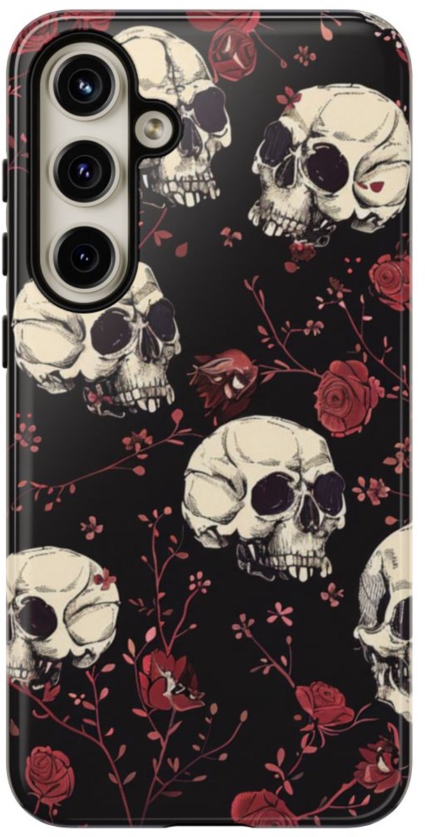 Schedels en Rode Rozenpatroon – Telefoonhoesje Geschikt voor Samsung Galaxy S24 Plus